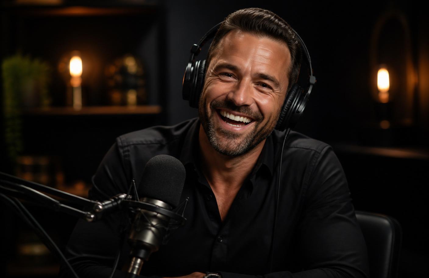 Podcast host smiling in Riano Studio