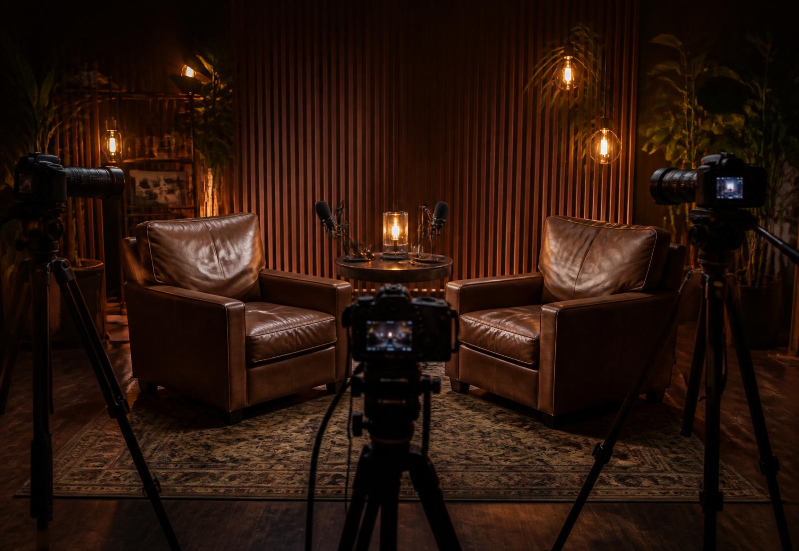 Riano Studio cinematic podcast set with two leather chairs and three cameras